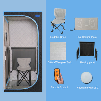 Portable Plus Type Full Size Far Infrared Sauna tent. Spa, Detox ,Therapy and Relaxation at home.Larger Space,Stainless Steel Pipes Connector Easy to Install.FCC Certification--Black(Blue binding)