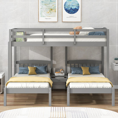 Twin over Twin & Twin Bunk Bed with Built-in Middle Drawer, Gray