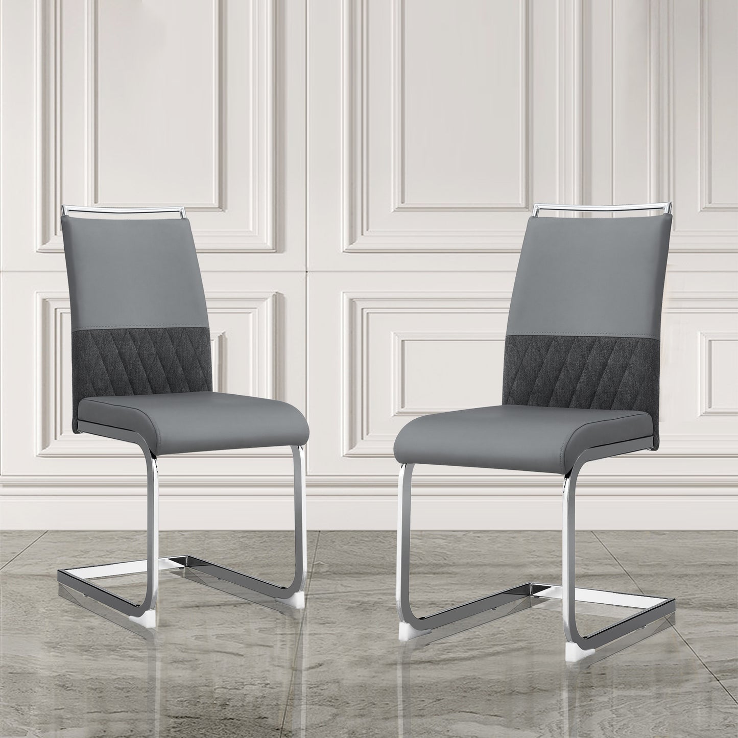 Modern Dining Chairs, PU Faux Leather High Back Upholstered Side Chair transverse stripe backrest design for Dining Room Kitchen Vanity Patio Club Guest Office Chair (Set of 2) ( Grey+PU)