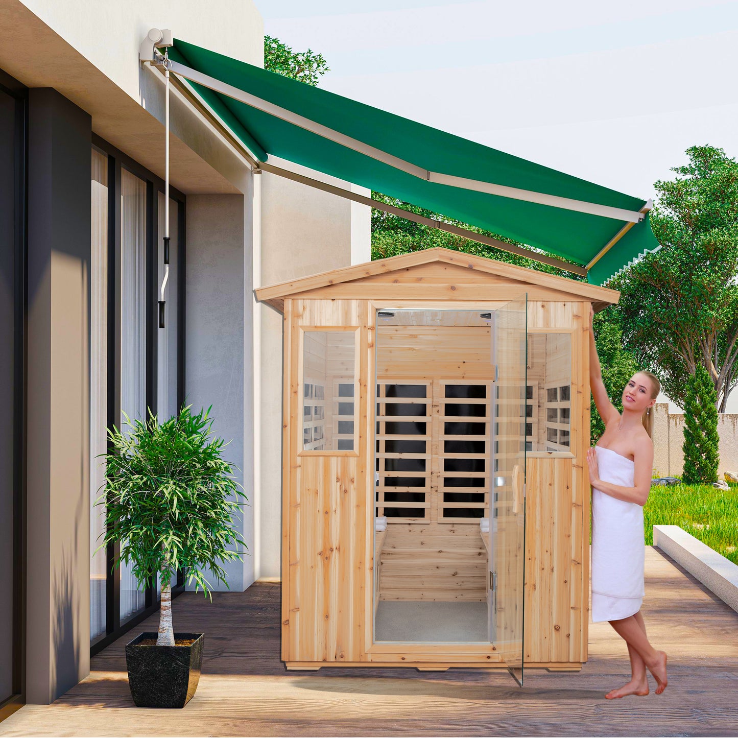 Outdoor Sauna for 4 Person,applicable indoors and outdoors. Far Infrared Sauna 8 Low EMF Heaters, Wooden Sauna Room 2050 Watt, Old Chinese fir, Chromotherapy, Bluetooth Speaker, LCD, LED.