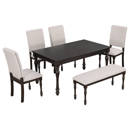 TREXM 6-Piece Wood Dining Table Set Rectangular Table with Turned Legs, 4 Upholstered Chairs and Bench for Dining Room (Espresso)