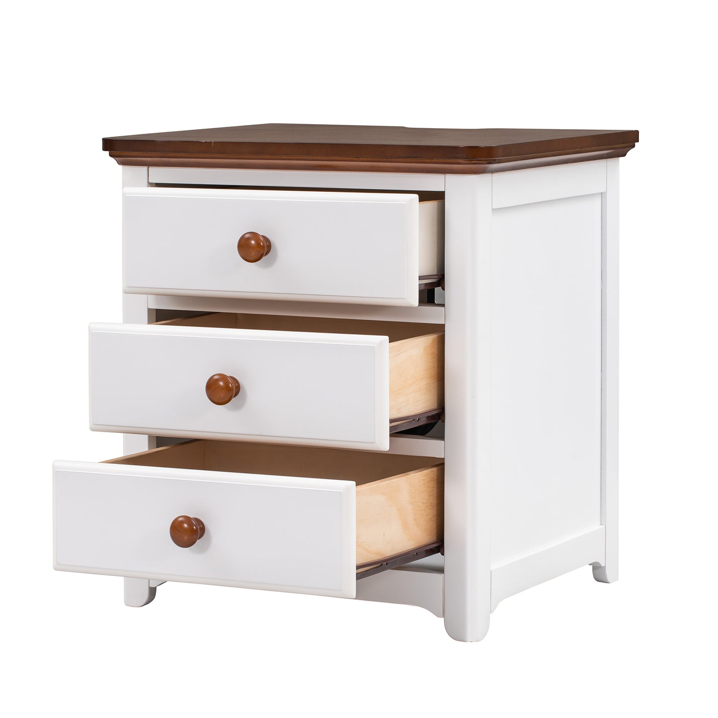 Wooden Nightstand with USB Charging Ports and Three Drawers,End Table for Bedroom,White+Walnut