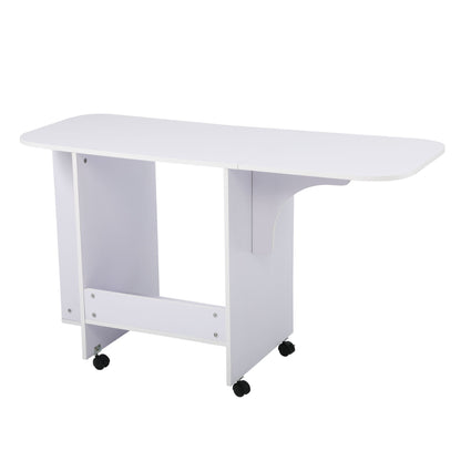 Modern Wood Folding Sewing Table with Lockable Casters, Expanded Rolling Craft Cabinet for Dorm Bedroom, Artwork Craft Station w/ 3 Storage Shelves, White