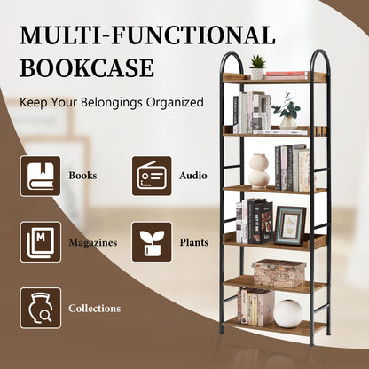 70.8 Inch Tall Bookshelf, 6-tier Shelves with Round Top Frame, MDF Boards, Adjustable Foot Pads, Brown