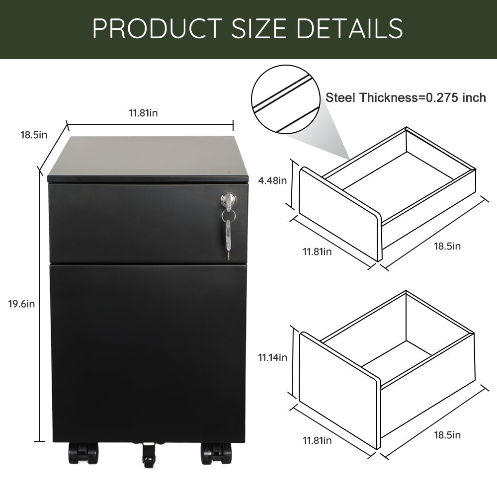 2 Drawer Mobile File Cabinet with Lock Metal Filing Cabinet for Legal/Letter/A4/F4 Size, Fully Assembled Include Wheels, Home/Office Design，Black