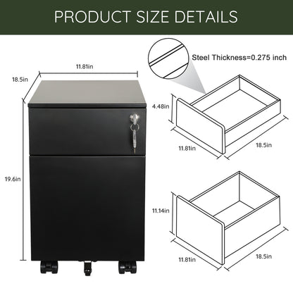 2 Drawer Mobile File Cabinet with Lock Metal Filing Cabinet for Legal/Letter/A4/F4 Size, Fully Assembled Include Wheels, Home/Office Design，Black