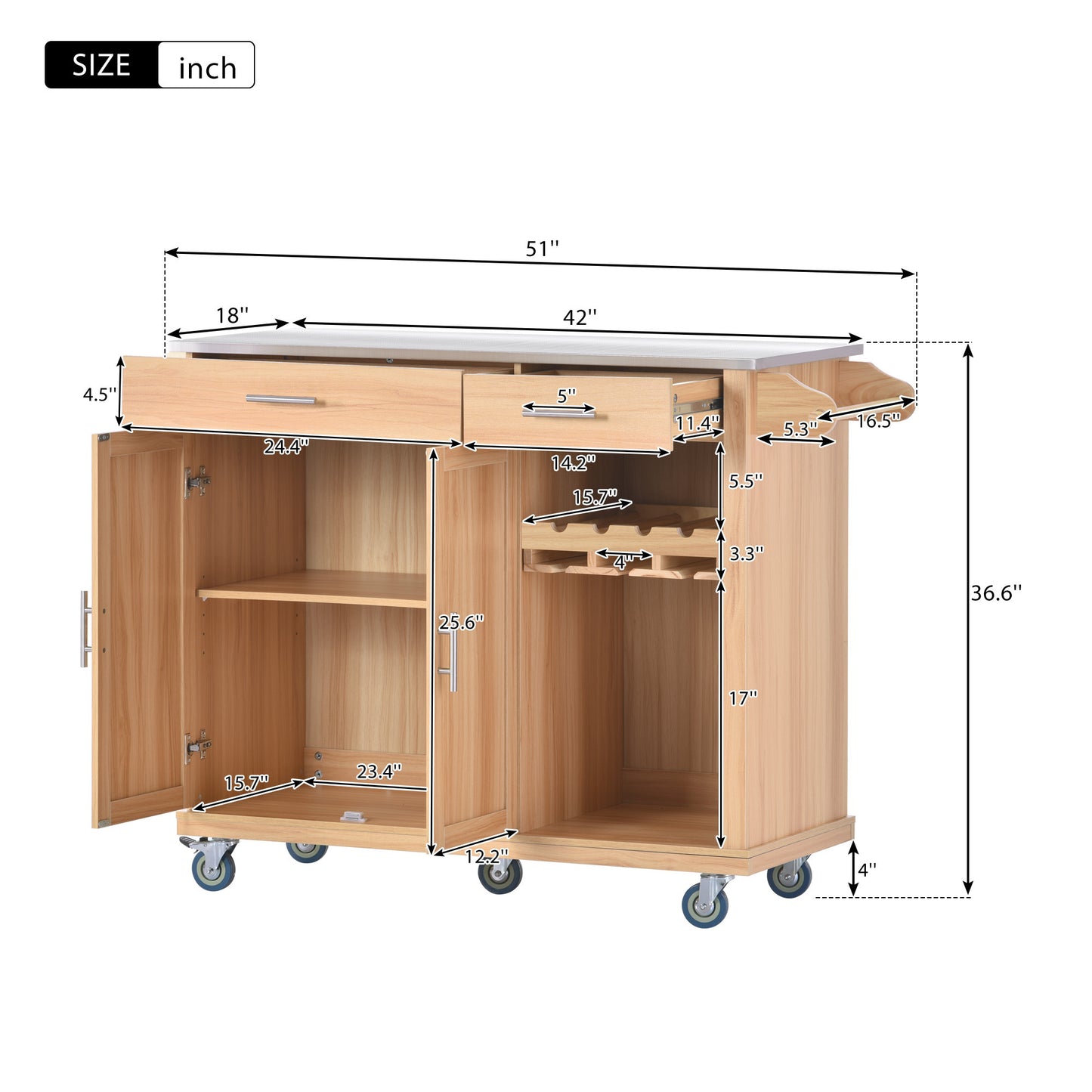 K&K Kitchen Cart with Stainless Steel Top and Storage Cabinet, Kitchen Island on Wheels with Two Drawers & Goblet Holder & Wine Rack & Spice Rack & Towel Holder, L51xW18xH37 Inches