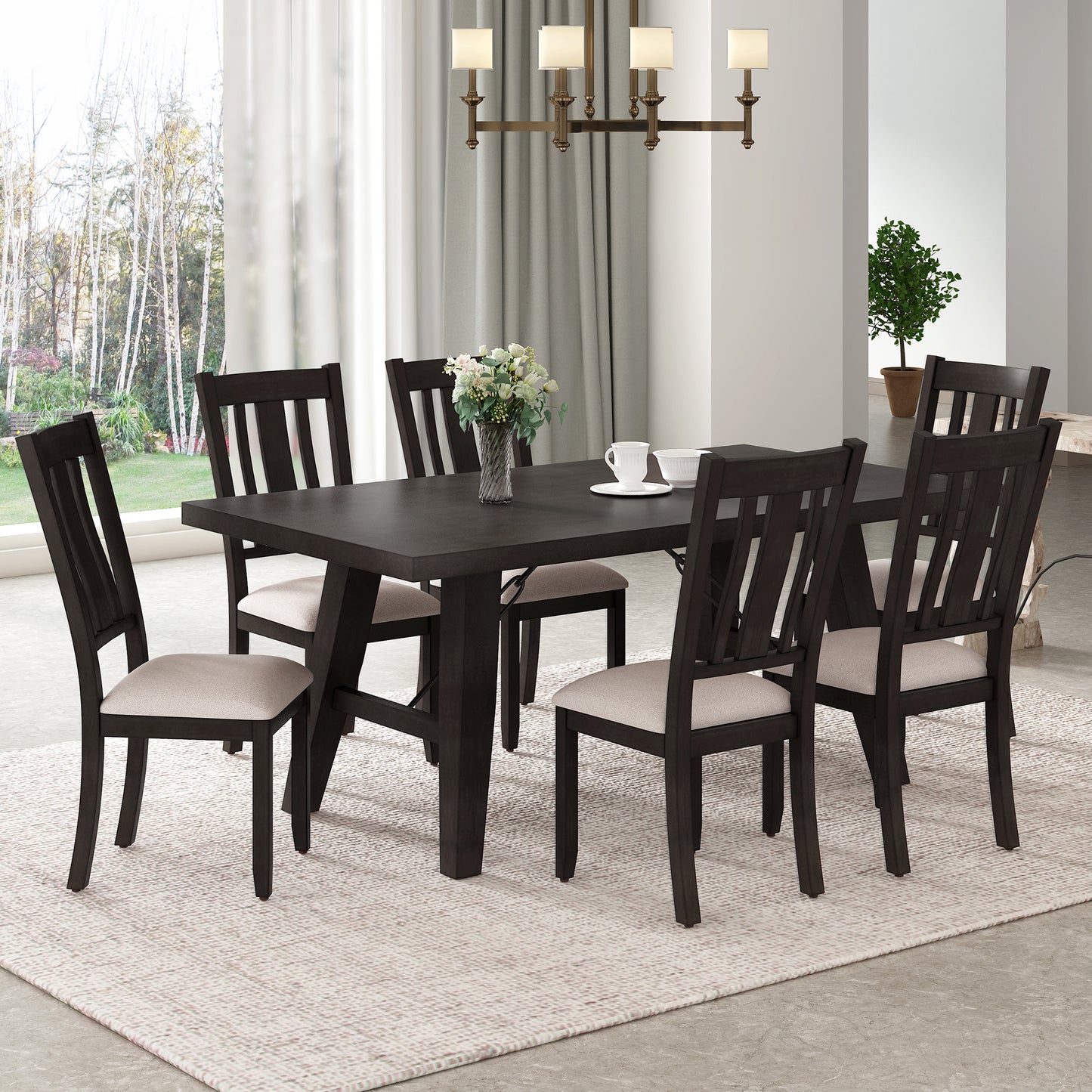 TREXM 7-Piece Dining Room Set - 72" Industrial Style Rectangular Table with Chain Bracket and 6 Dining Chairs (Espresso)