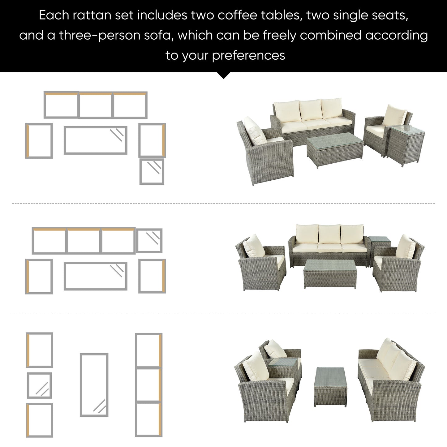 U_Style 5 Piece Rattan Sectional Seating Group with Cushions and table, Patio Furniture Sets, Outdoor Wicker Sectional