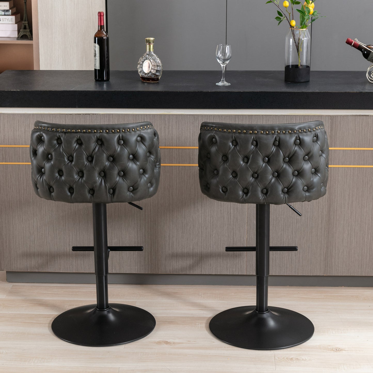 A&A Furniture,Swivel Barstools Adjusatble Seat Height, Modern PU Upholstered Bar Stools with the whole Back Tufted, for Home Pub and Kitchen Island（Dark Gray, Set of 2）