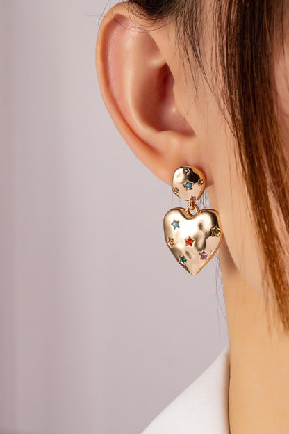 puffy heart drop earrings with rhinestones stars