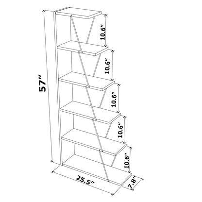 Furnish Home Store Modern 5 Tier Ladder Bookshelf Organizers, Narrow Bookshelf for Small Spaces Office Furniture Bookcase, White/Chrome