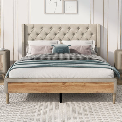 Upholstered Platform Bed with Rubber Wood Legs,No Box Spring Needed, Linen Fabric,Full Size-Beige