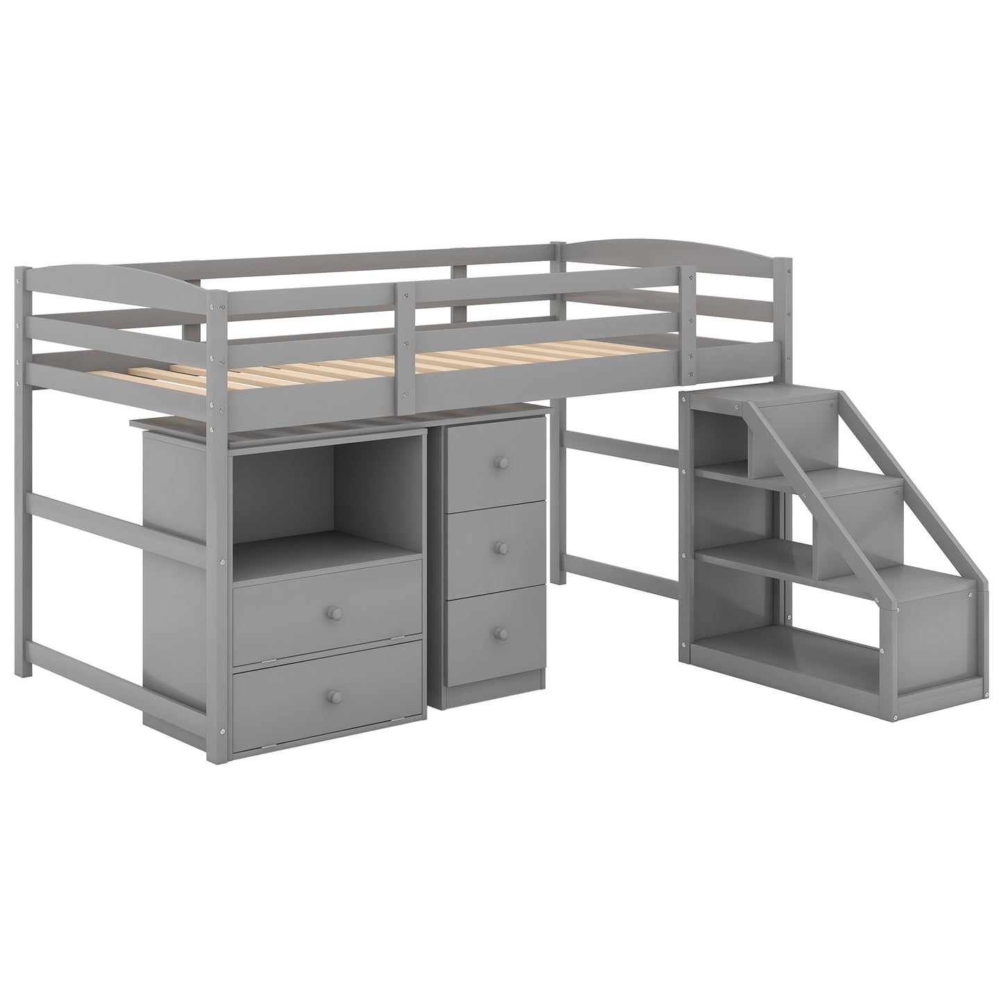 Twin Size Loft Bed with Multifunctional Movable Built-in Desk and and Staircase,Gray(OLD SKU:GX000925AAK)