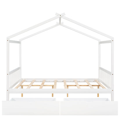 Full Size House Platform Bed with Two Drawers,Headboard and Footboard,Roof Design,White