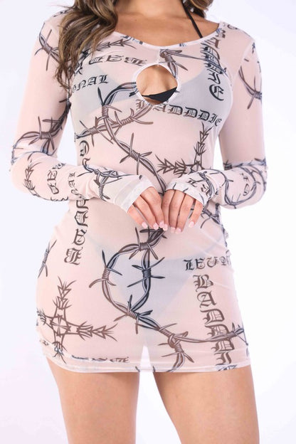 Barbed wire printed mesh dress