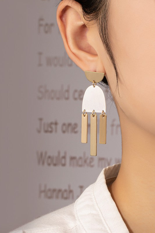 BRUSHED SURFACE GEO METAL CHANDELIER EARRINGS