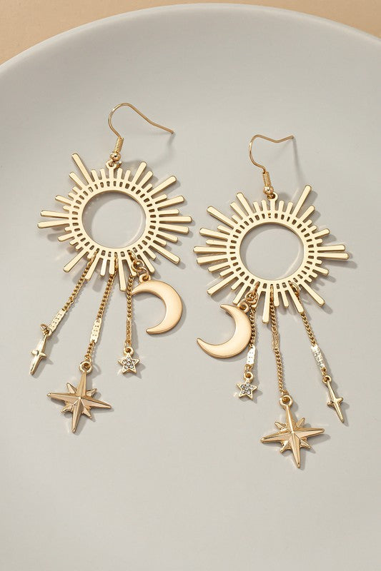 Openwork starburst earrings with moon and stars