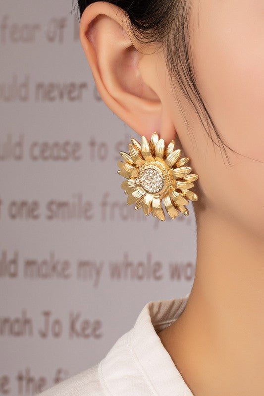 Two layer sunflower stud earrings with rhinestones