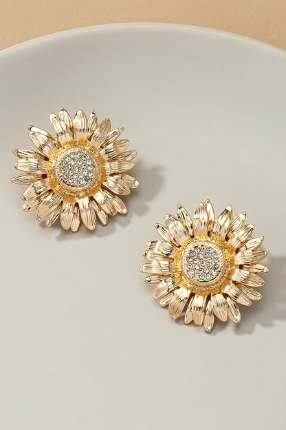 Two layer sunflower stud earrings with rhinestones