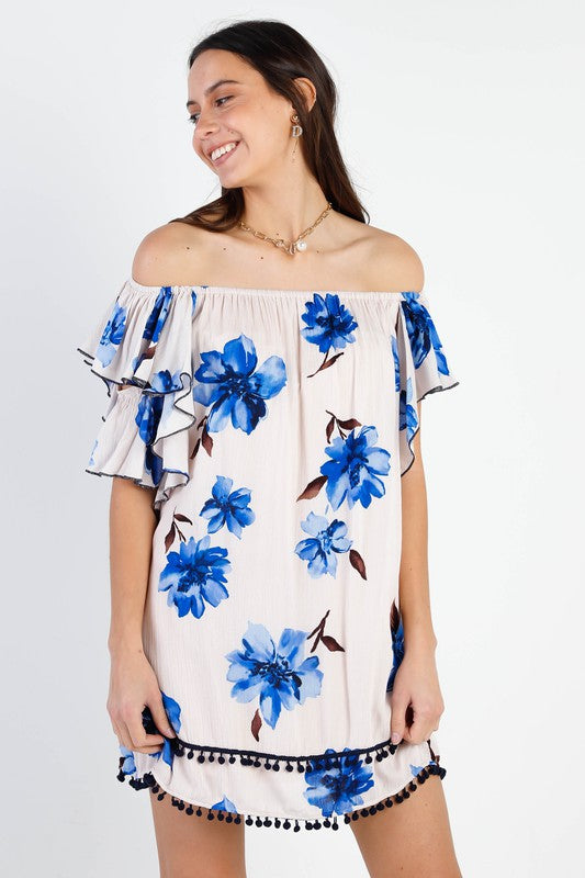 Floral Cold Shoulder Ruffle Sleeve Mini Dress