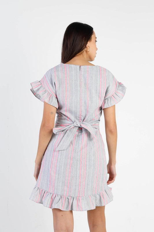 Stripped Ruffle Sleeve Asymmetrical Hem Mini Dress