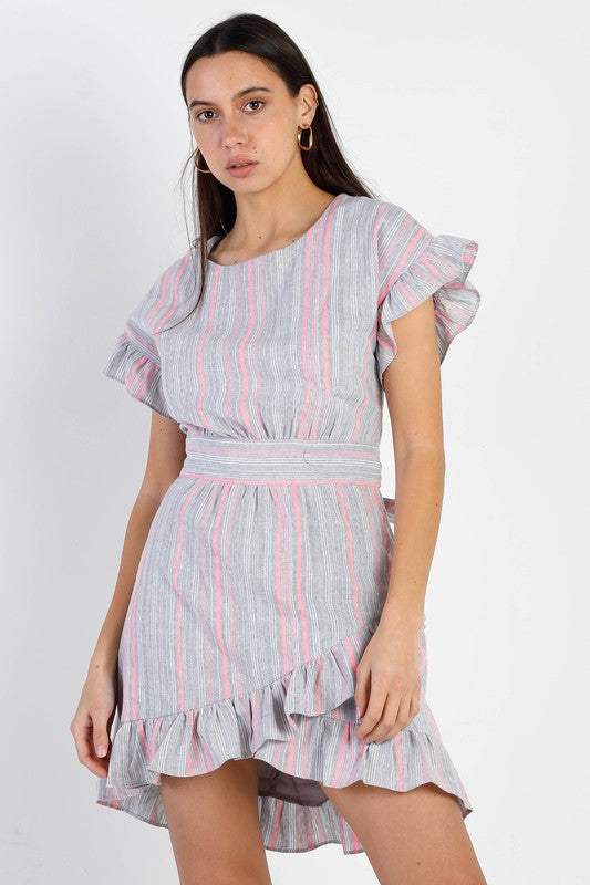 Stripped Ruffle Sleeve Asymmetrical Hem Mini Dress