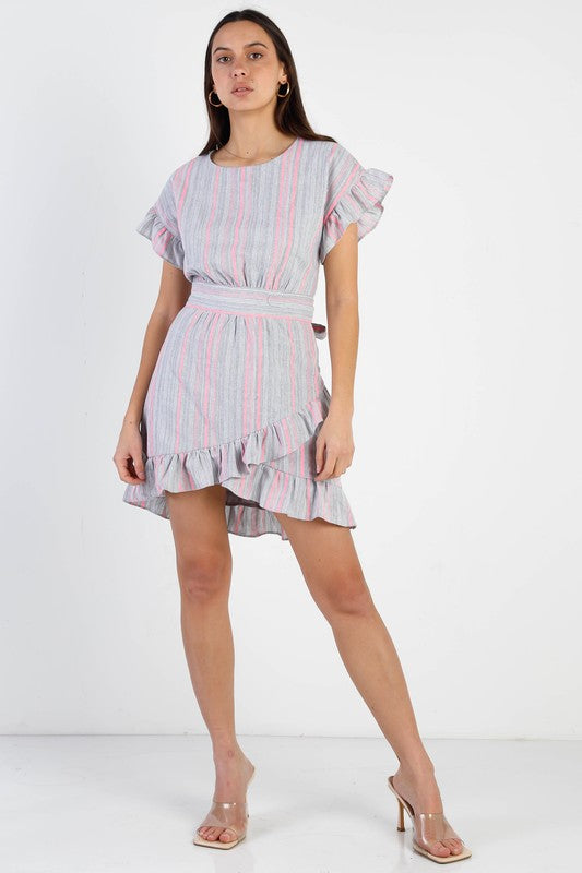 Stripped Ruffle Sleeve Asymmetrical Hem Mini Dress