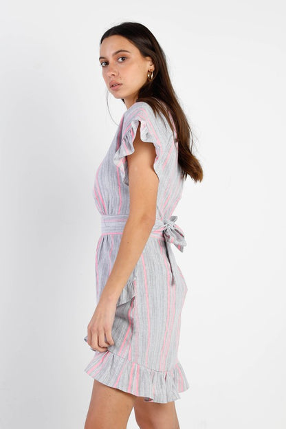 Stripped Ruffle Sleeve Asymmetrical Hem Mini Dress