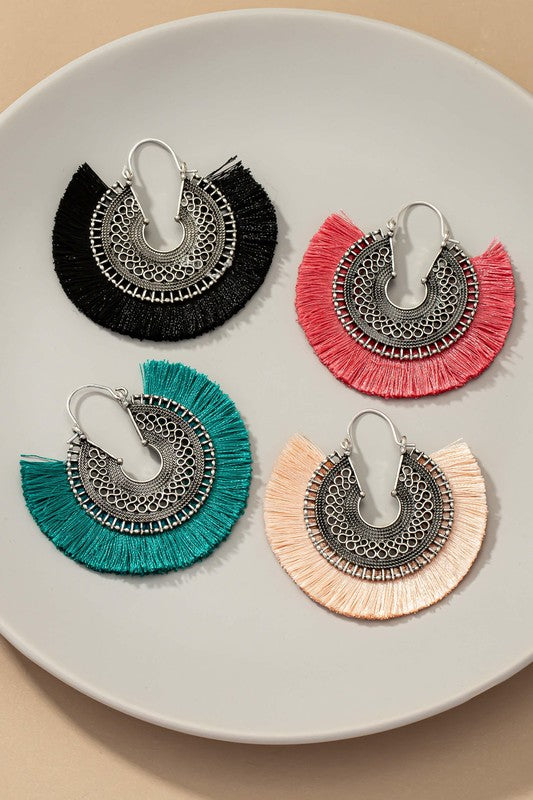 Openwork round disk earrings with tassels