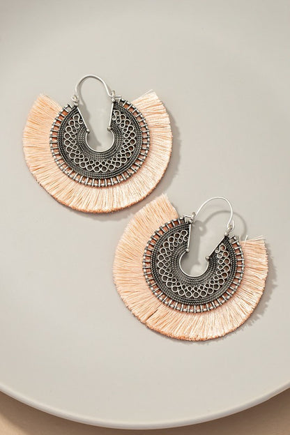 Openwork round disk earrings with tassels