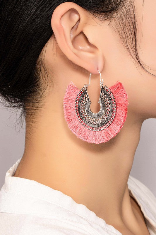 Openwork round disk earrings with tassels