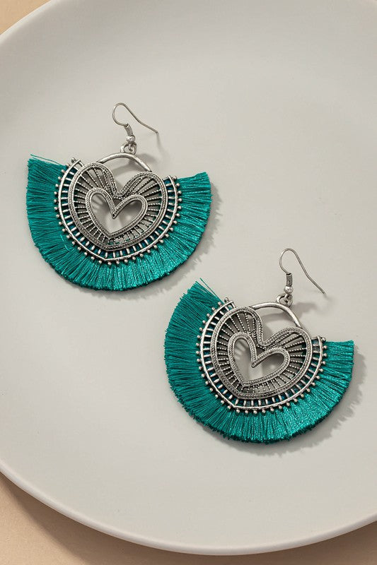 Heart shape open work metal earrings with tassels