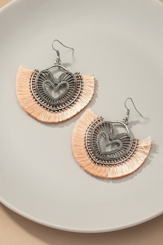 Heart shape open work metal earrings with tassels
