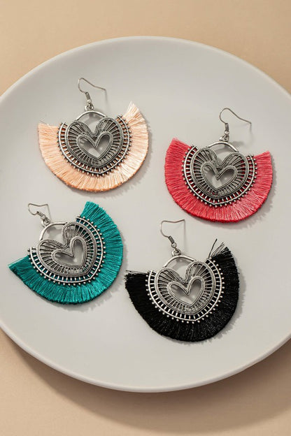 Heart shape open work metal earrings with tassels