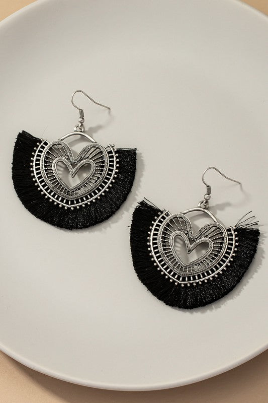 Heart shape open work metal earrings with tassels