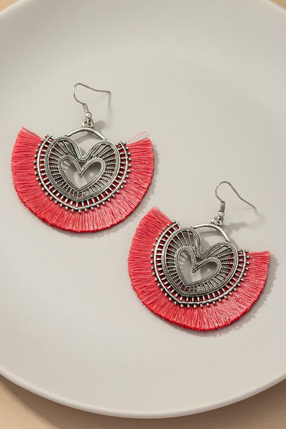 Heart shape open work metal earrings with tassels