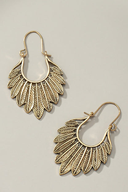 Boho fan shape feather drop earrings