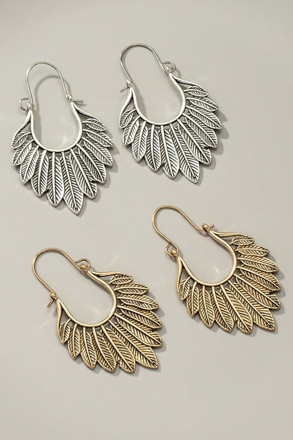 Boho fan shape feather drop earrings