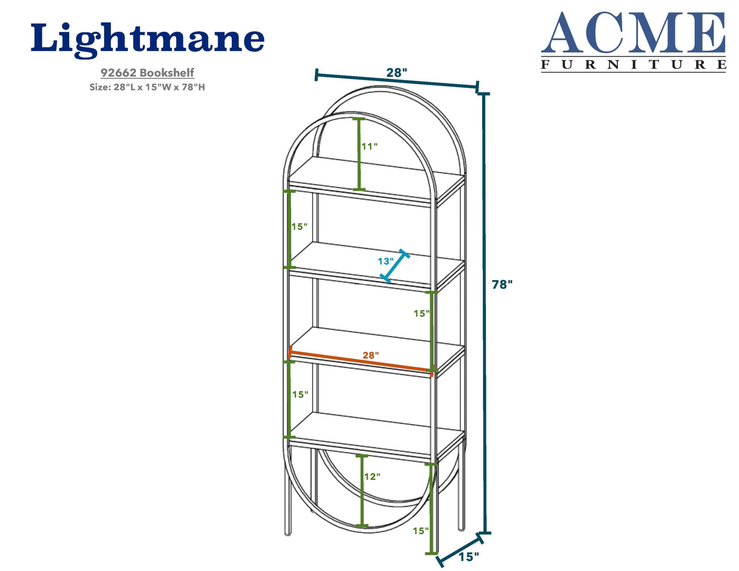 ACME Lightmane Bookshelf, White High Gloss & Gold 92662