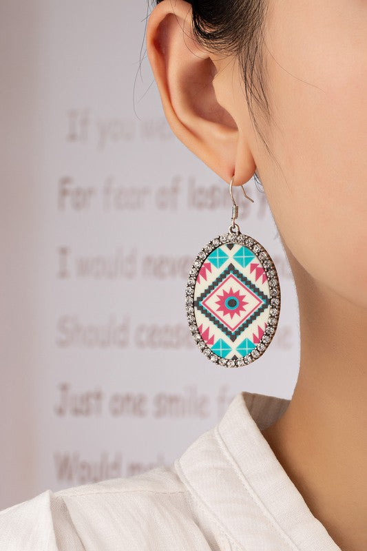 Aztec oval drop earrings with rhinestones