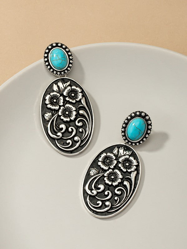 Turquoise stone and flower statement boho earrings