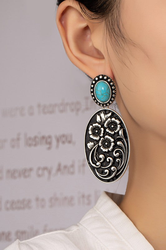 Turquoise stone and flower statement boho earrings