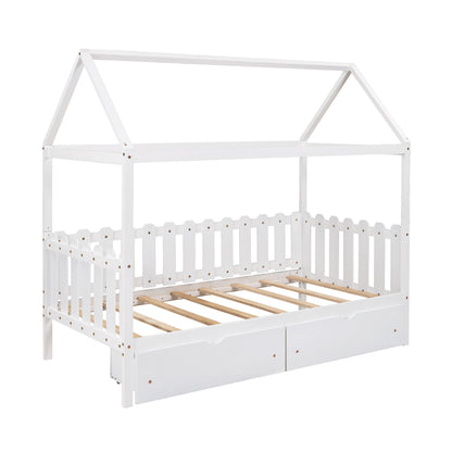 Twin Size House Bed with drawers, Fence-shaped Guardrail, White