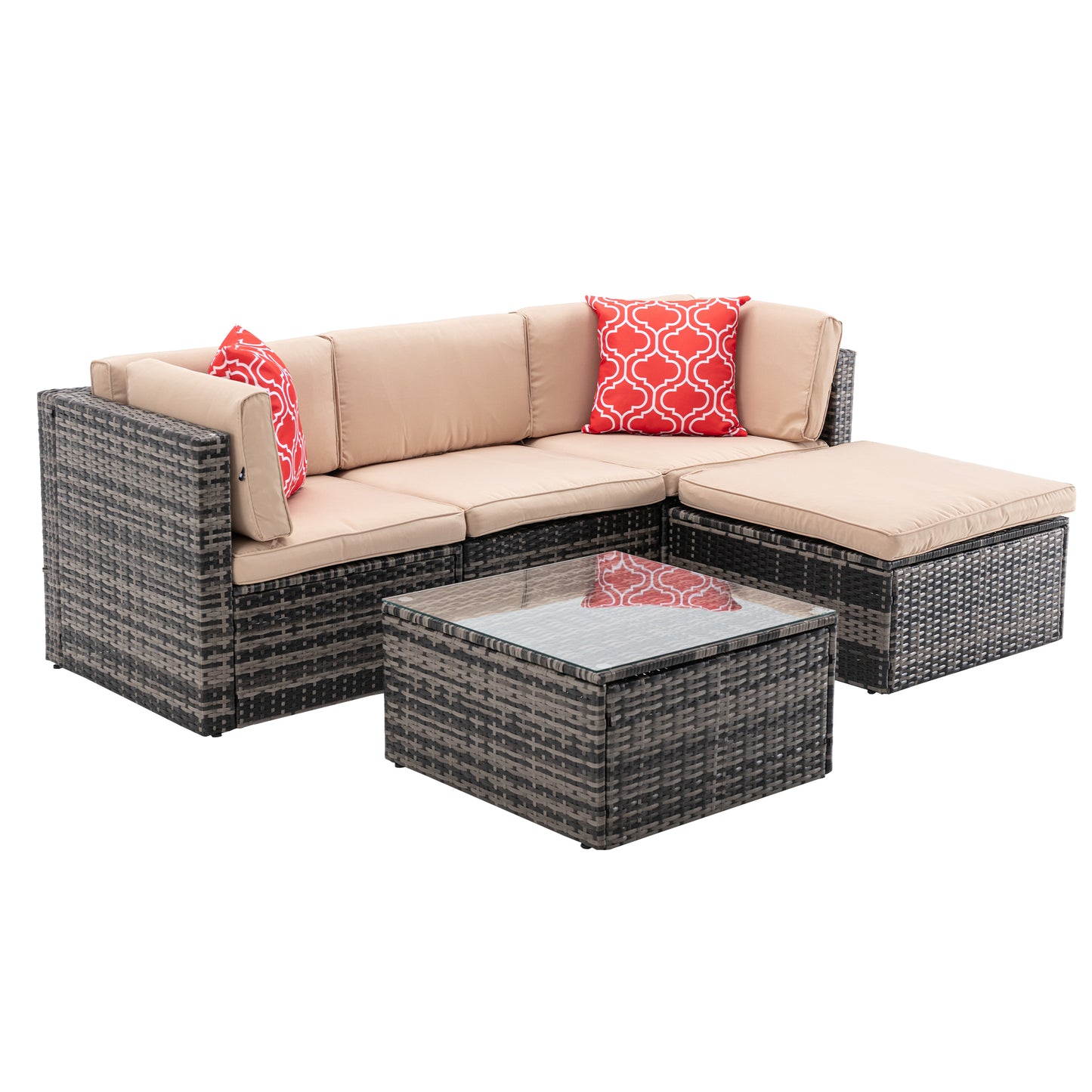 5Pcs Outdoor Garden Patio Furniture  PE Rattan Wicker  Sectional Cushioned Sofa Sets with 2 Pillows and Coffee Table