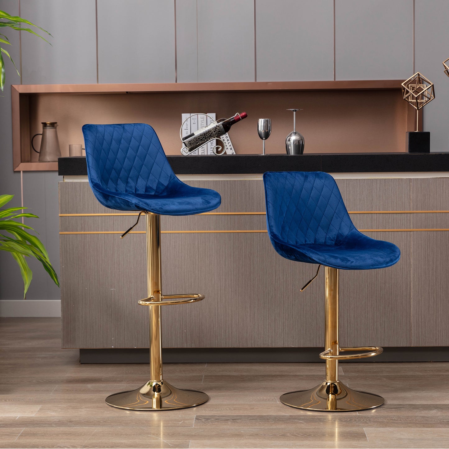 Set of 2  Bar Stools,with Chrome Footrest and Base Swivel Height Adjustable Mechanical Lifting Velvet + Golden Leg Simple Bar Stool-blue