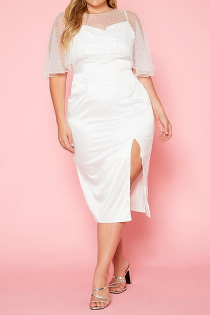 Plus Size Pearl Beaded Mesh Satin Midi Dress