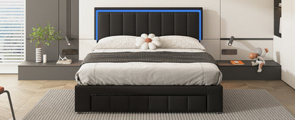 Upholstered Platform Bed with LED Lights and Two Motion Activated Night Lights,Queen Size Storage Bed with Drawer, Black