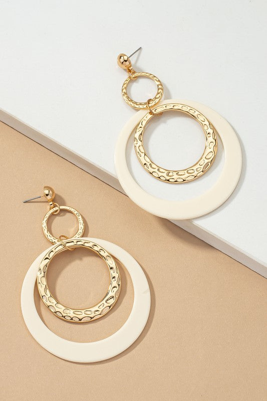 Hammered metal and acrylic hoop drop earrings