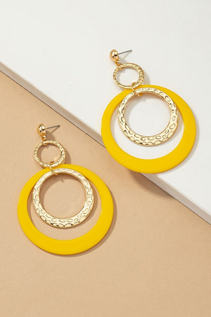 Hammered metal and acrylic hoop drop earrings